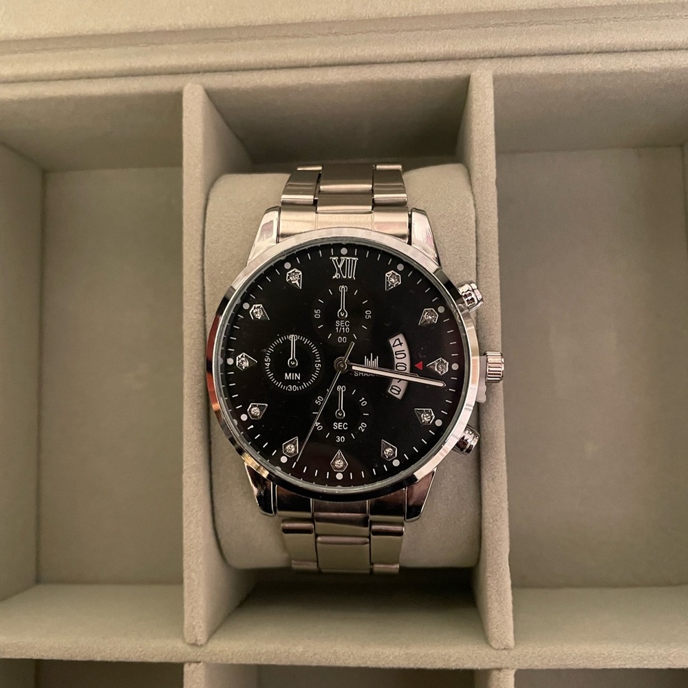 Silver Stainless Steel Men's Chronograph Watch with Black Dial